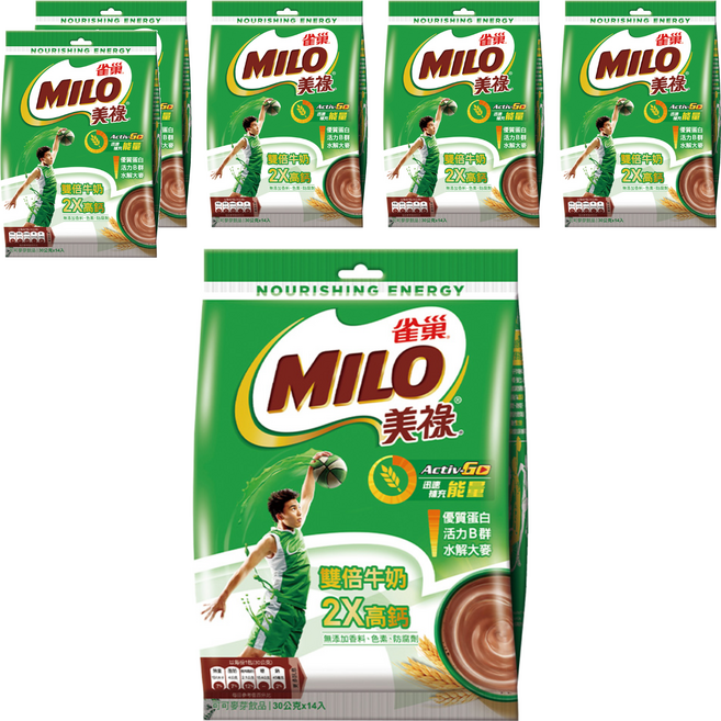 MILO 美祿 雙倍牛奶2X高鈣 可可麥芽飲品, 30g, 14包, 6袋