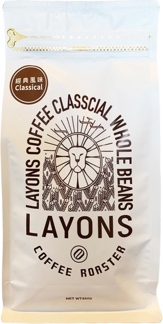 LAYONS COFFEE 雷恩獅咖啡 經典系列 咖啡豆 經典風味, 1個, 450g, 全豆咖啡（未研磨）