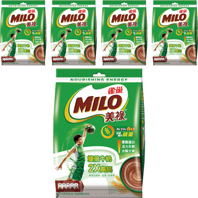 MILO 美祿 雙倍牛奶2X高鈣 可可麥芽飲品, 30g, 14包, 5袋