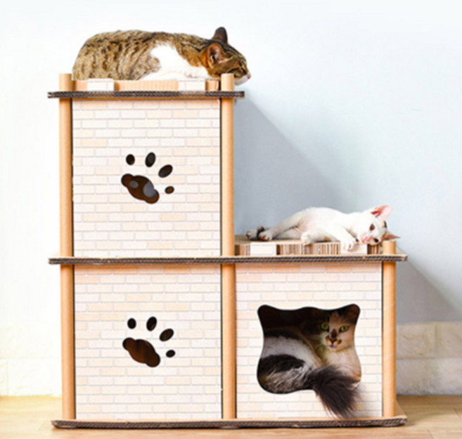 딩동펫 고양이숨숨집 스크래쳐 박스 캣타워 하우스 3단, 1개