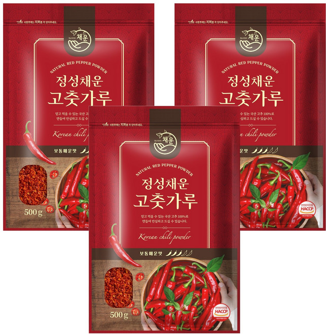 정성채운 국산 고춧가루 보통굵기 보통매운맛, 500g, 3개