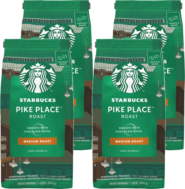 STARBUCKS 星巴克 派克市場烘焙咖啡豆, 咖啡豆(無研磨), 200g, 4包