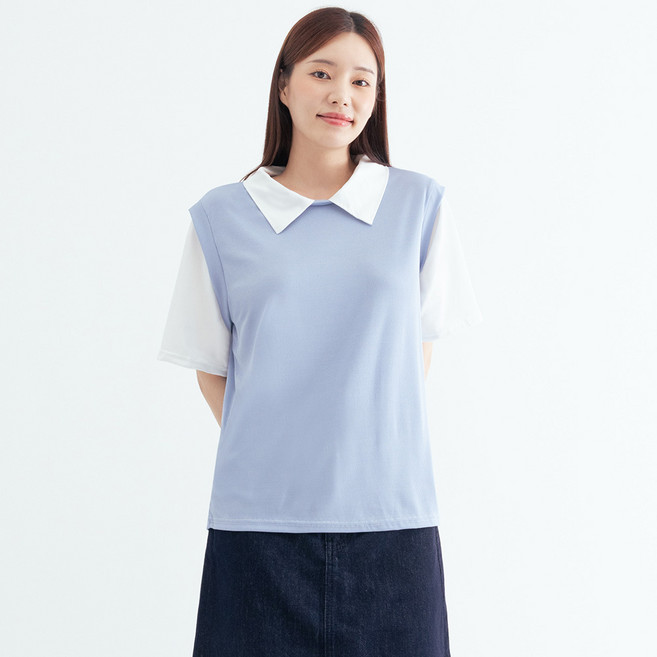 Elsso 女款Polo領兩件式層次感寬鬆短袖T恤