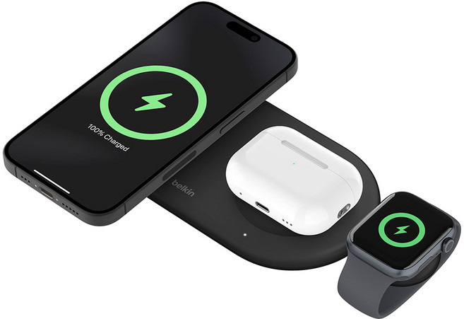 벨킨 부스트 차지 프로 Qi2 3 in 1 마그네틱 무선 충전 패드 15W WIZ022qcBK, 블랙, 1개