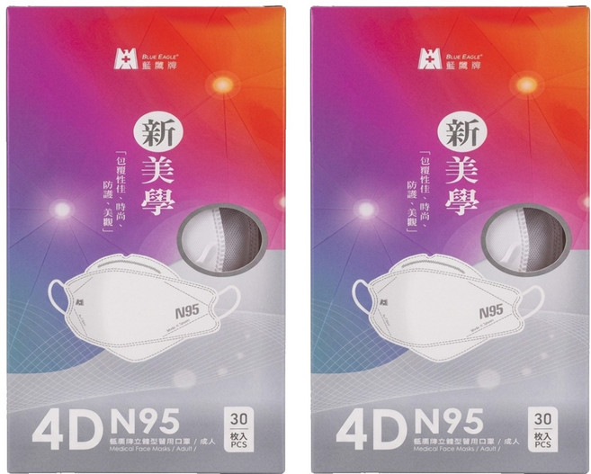 BLUE EAGLE 藍鷹牌 N95 4D立體型醫療成人口罩, 簡約白, 30片, 2盒