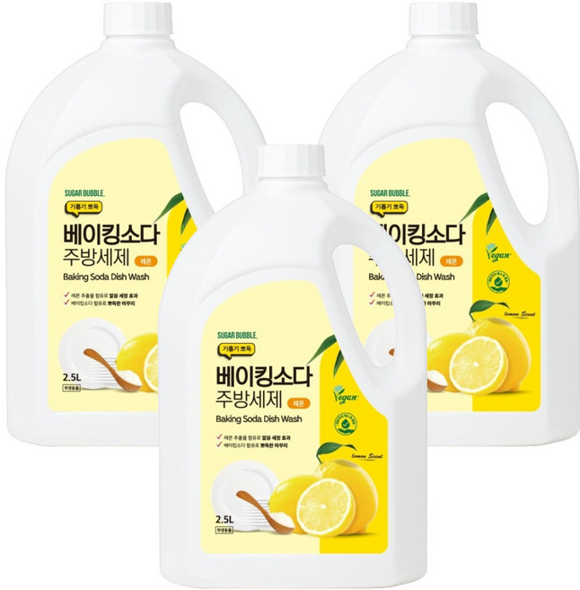 슈가버블 기름기 뽀득 베이킹소다 주방세제 레몬, 2.5L, 3개