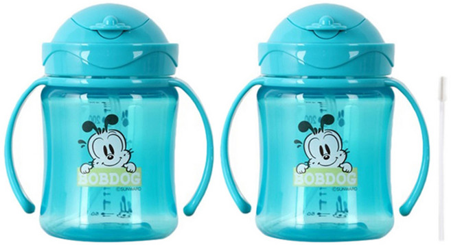 리틀밥독 국내 제조 플립 컬러 빨대컵, 250ml, 2개, 블루