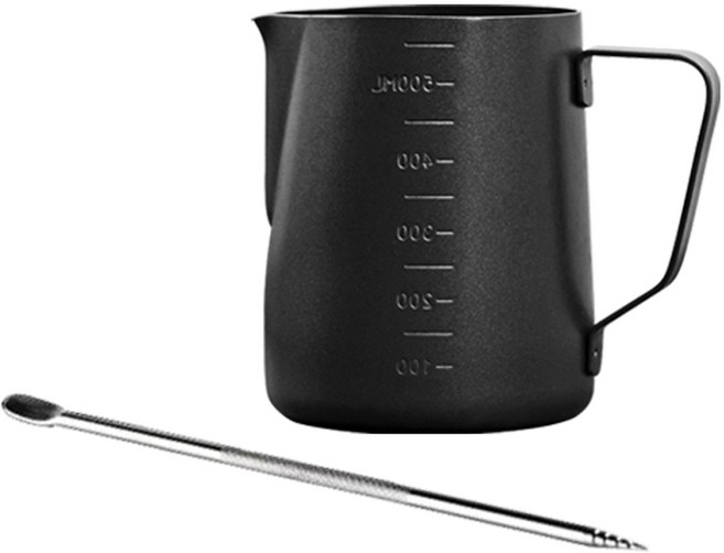 칼딘 눈금형 테프론 스팀피쳐 350ml + 스텐 라떼 아트펜 세트, 1세트, 블랙(스팀피쳐), 실버(펜)