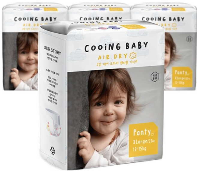 Cooing 에어 드라이 풀커버 팬티형 기저귀 아동용, 특대형(XL), 88매