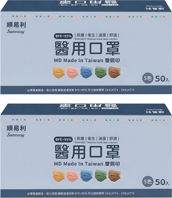 順易利醫用成人口罩, 綜合款, 50片, 2盒