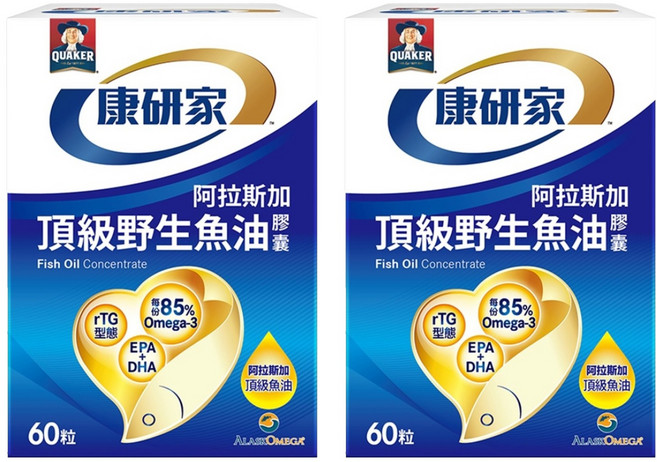 QUAKER 桂格 康研家 頂級野生魚油膠囊 85% 高濃度/1.2g Omega-3/EPA/DHA/阿拉斯加野生鱈魚, 60顆, 2盒