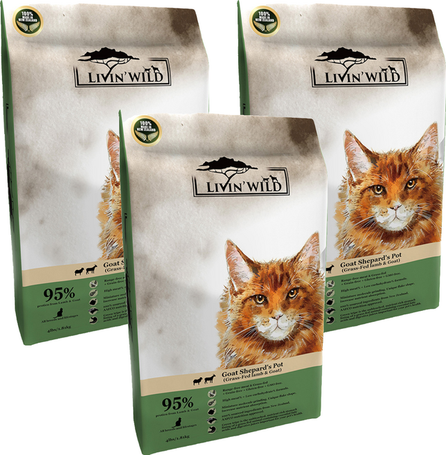 LIVIN'WILD 野宴 全齡貓 無穀配方 乾飼料 紐西蘭全新天然糧 薄片外型, 1810g, 3袋, 草飼羊 + 野牧山羊