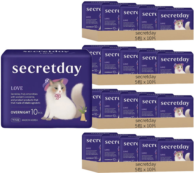secretday 韓國原裝進口 Love系列 蝶翼衛生棉, 夜用型(36cm), 10片, 20包
