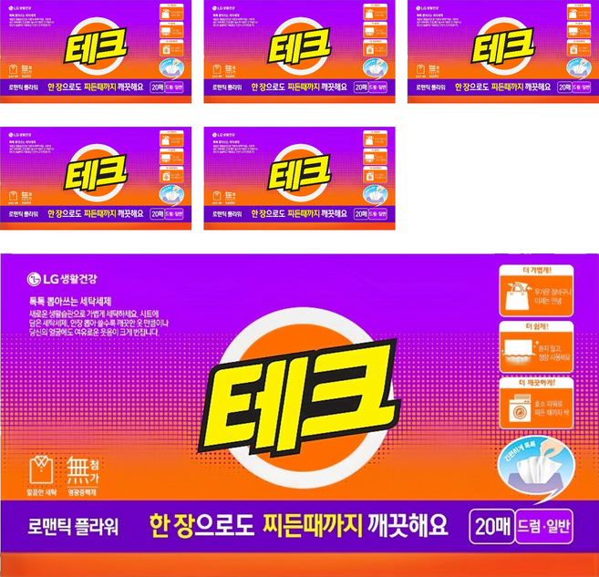 테크 간편 시트세제 일반드럼 겸용 로맨틱 플라워향, 20매, 6개