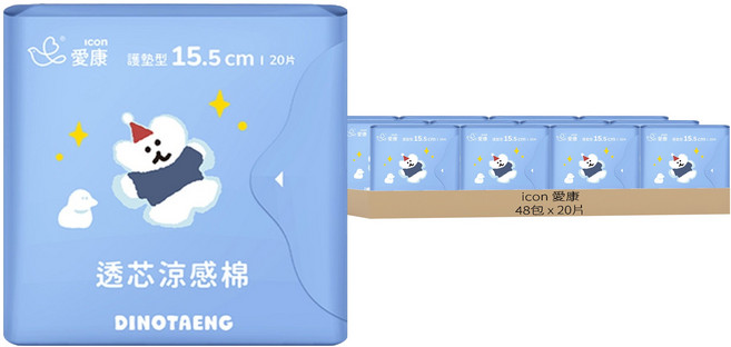 icon 愛康 透芯涼感棉 DINOTAENG特別款 護墊, 15.5cm, 20片, 48包, 15.5cm