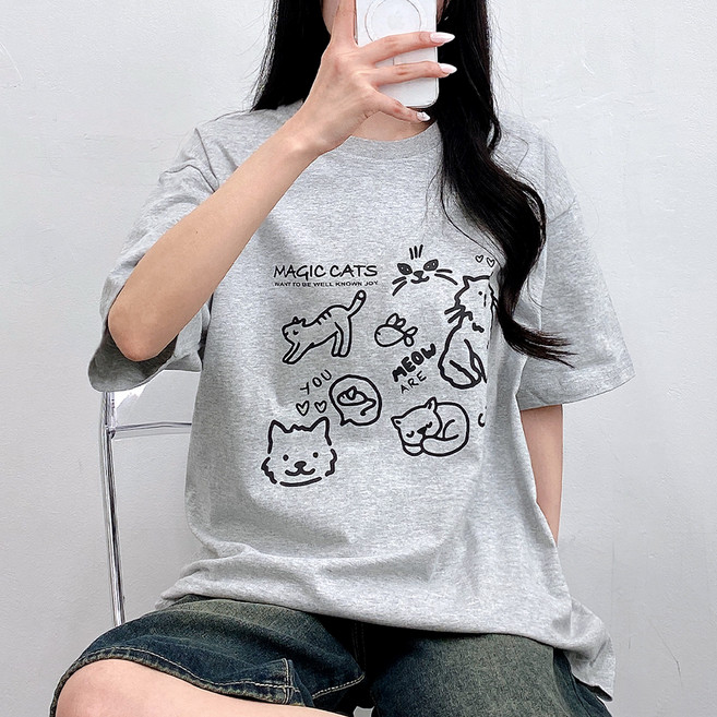 gelluna 女性純棉寬鬆版貓咪字母短袖T恤 TH-93