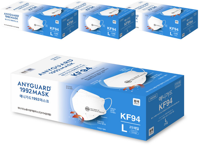 애니가드 뉴황사 방역용 마스크 대형 KF94, 흰색, 4개, 25개입
