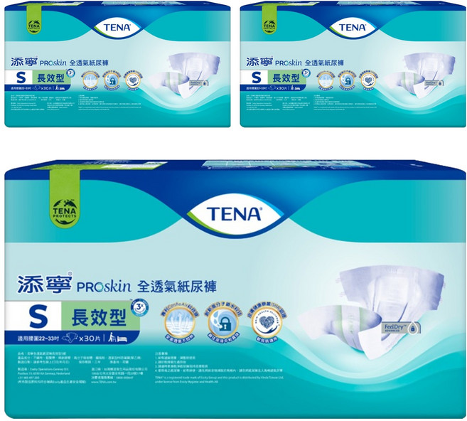 TENA 添寧 PROskin 全透氣紙尿褲 長效型, S, 30片, 3包