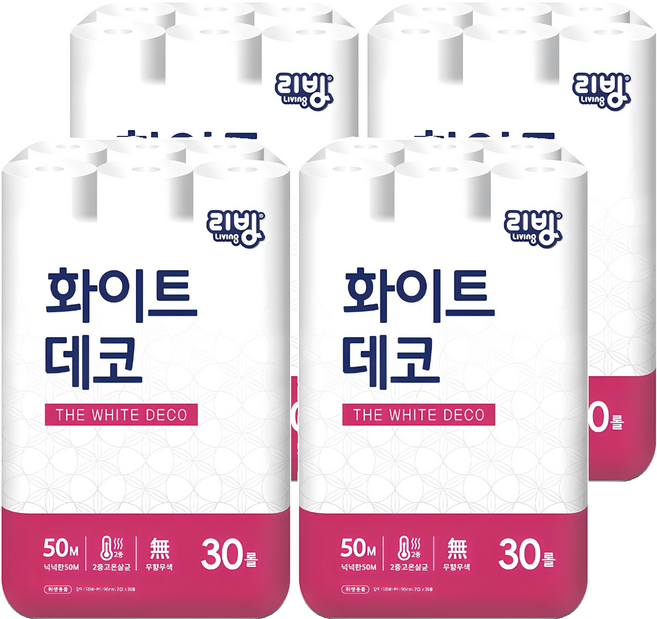 리빙티슈 2겹 화이트데코 일반롤화장지, 50m, 30개입, 4개