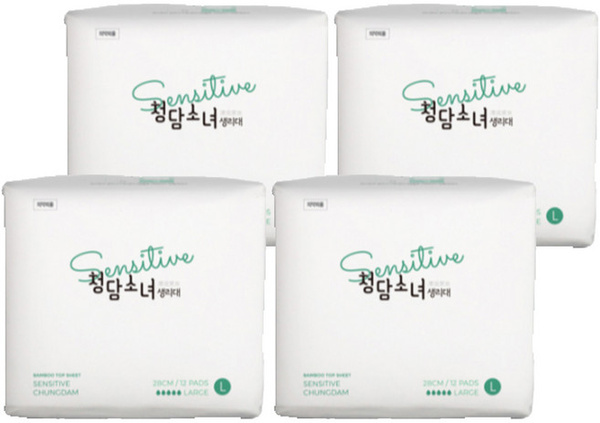 [비건라이프] 청담소녀 센서티브 생리대 날개형, 대형, 12개입, 4개