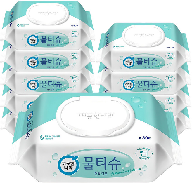 깨끗한나라 편백민트 물티슈 캡형, 80매, 10개