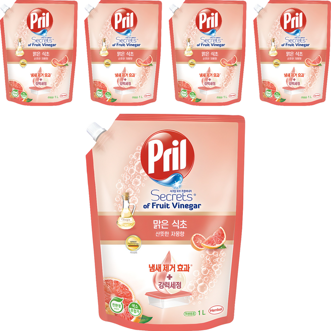헨켈 프릴 시크릿 오브 맑은식초 주방세제 산뜻한 자몽향 파우치, 1L, 5개