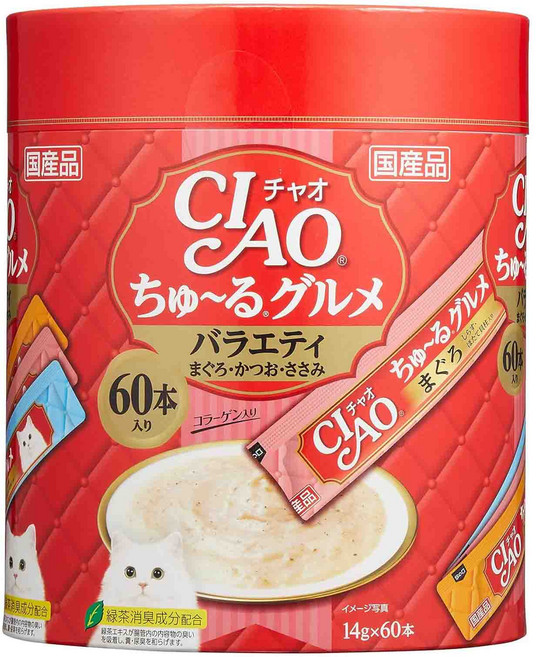 INABA CIAO 啾嚕 燒肉泥桶, 鮪魚 + 吻仔魚 + 干貝/鰹魚 + 柴魚 + 干貝/雞肉 + 柴魚 + 干貝, 840g, 1桶