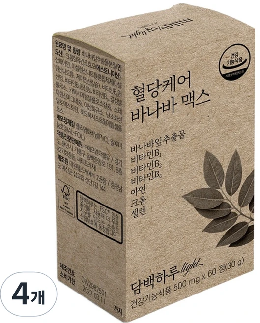담백하루 혈당케어 바나바맥스 바나바잎 비타민B 아연 크롬 셀렌 60p, 30g, 4개 - 쿠팡