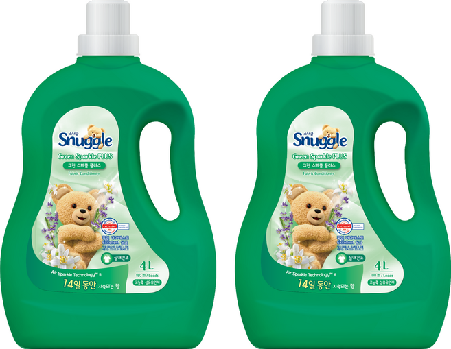 스너글 섬유유연제 그린스파클 플러스 본품, 4L, 2개