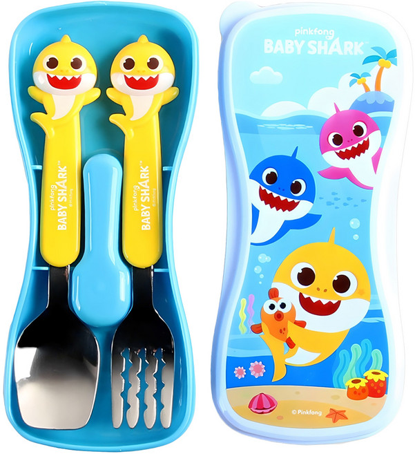 aizoum Pinkfong Baby Shark 3D立體湯匙叉子餐具盒組, 1組, Baby Shark 黃色 + 藍色