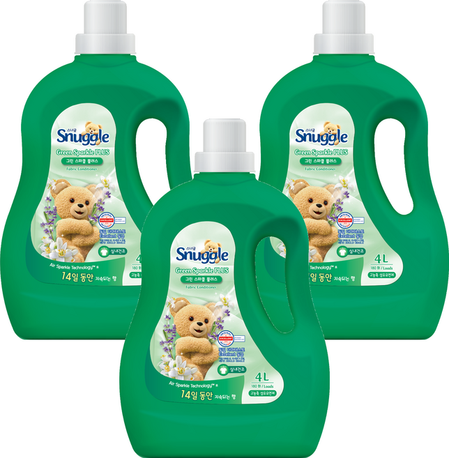 스너글 섬유유연제 그린스파클 플러스 본품, 4L, 3개