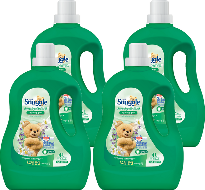 스너글 섬유유연제 그린스파클 플러스 본품, 4L, 4개