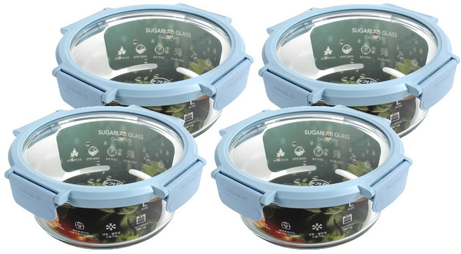 슈가랩 녹색인증 글라스 원형 밀폐용기, 4개, 970ml