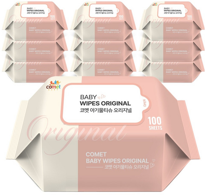 코멧 오리지널 유아용 아기물티슈 리필형, 10팩, 100매, 50g
