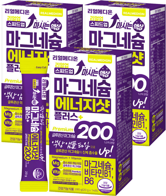 리얼메디온 리얼업 스피드업 마시는 액상 마그네슘 에너지샷 플러스 글루콘산 마그네슘 200 14p, 3개, 280g