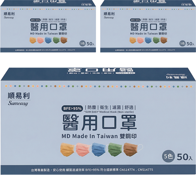 順易利醫用成人口罩, 50片, 3盒, 綜合款