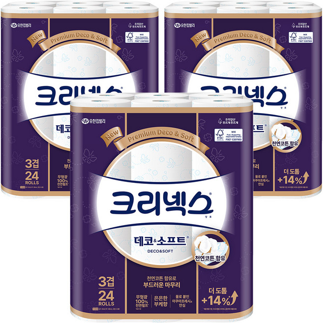 크리넥스 3겹 데코 앤 소프트 화장지, 28m, 24개입, 3개
