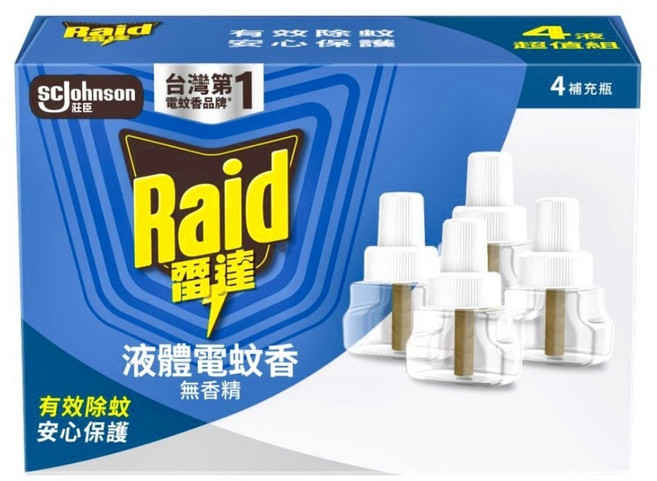 Raid 雷達 薄型液體電蚊香 補充瓶 4入 有效除蚊 安心保護 無香精 無染料, 164ml, 1盒