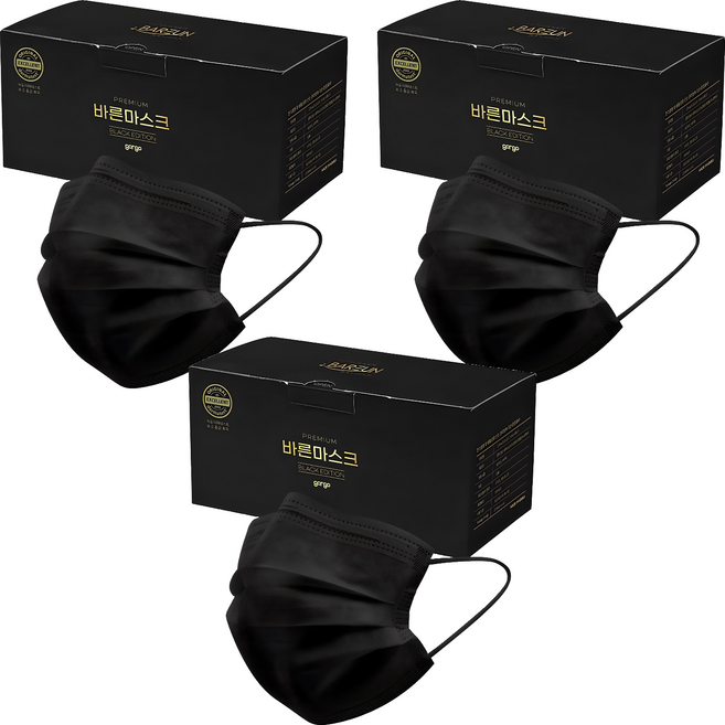 고르고 바른 마스크 성인용 대형, 50매입, 3개, 블랙