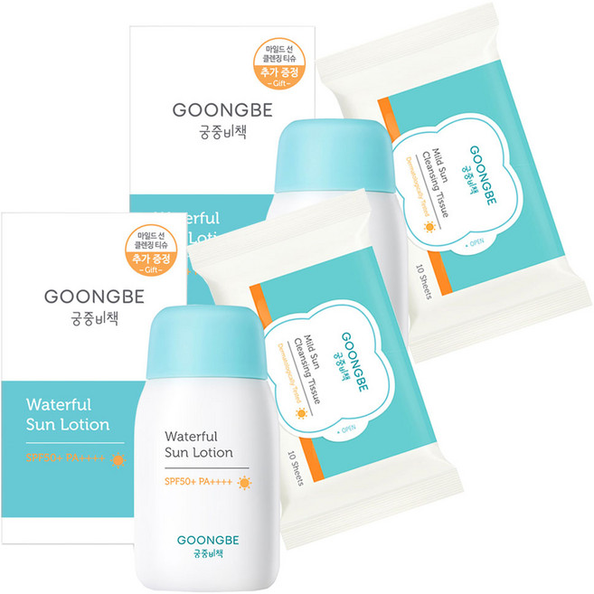 궁중비책 워터풀 선로션 SPF50+ PA++++ + 마일드 선 클렌징 티슈 세트, 80g, 2개