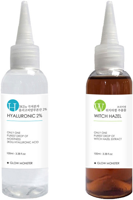 [비건뷰티] 글로우몬스터 프리미엄 위치하젤 추출물 100ml + 3Kda 올리고 히알루론산 2% 원액 100ml, 1세트