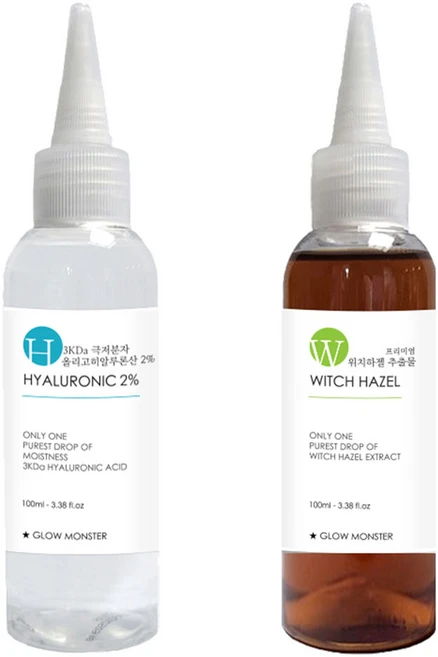 [비건뷰티] 글로우몬스터 프리미엄 위치하젤 추출물 100ml + 3Kda 올리고 히알루론산 2% 원액 100ml, 1세트 - 쿠팡