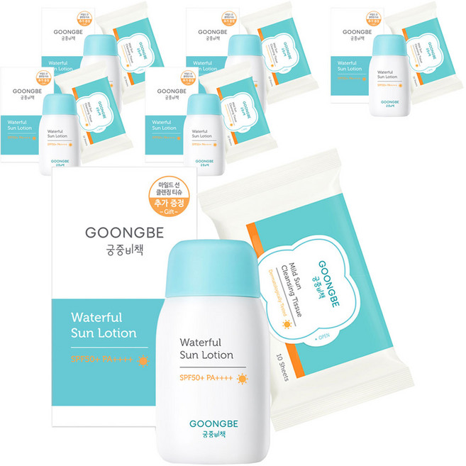 궁중비책 워터풀 선로션 SPF50+ PA++++ + 마일드 선 클렌징 티슈 세트, 80g, 6개