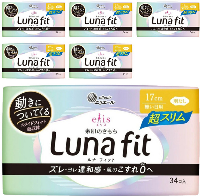 elleair 艾黎艾爾 elis 愛麗思 日本原裝進口 LunaFit極緞棉超薄款衛生棉, 6個, 34片, 17cm