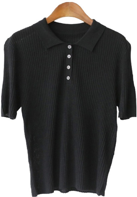 바네사빈 여성용 린넨골지 카라버튼 반팔 니트 v01218