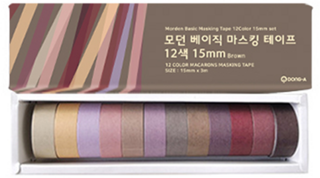 투코비 모던베이직 마스킹 테이프 12색 세트 15mm x 3m, 브라운버전, 1세트