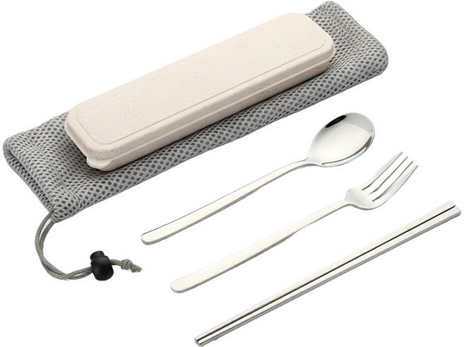 高質感不鏽鋼餐具組, 1組, 顏色隨機, 方形筷子 + 湯匙 + 叉子 + 防晃卡扣 + 盒子 + 網袋