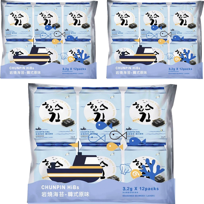 chun pin 雋品 岩燒海苔 原味 12包, 38.4g, 3袋
