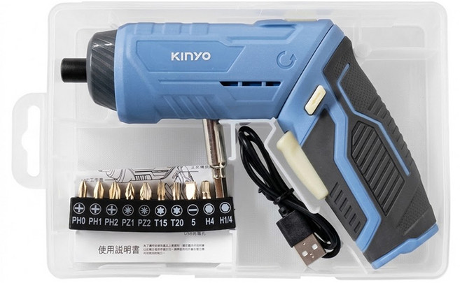 Kinyo 可旋式電動起子 附USB Type-C線 + 起子頭10件組, 1盒