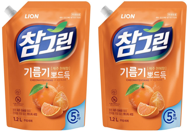 참그린 천혜향 기름기 뽀드득 주방세제 리필, 1.2L, 2개